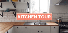 pretty kitchen with Kitchen Tour text banner overlaid