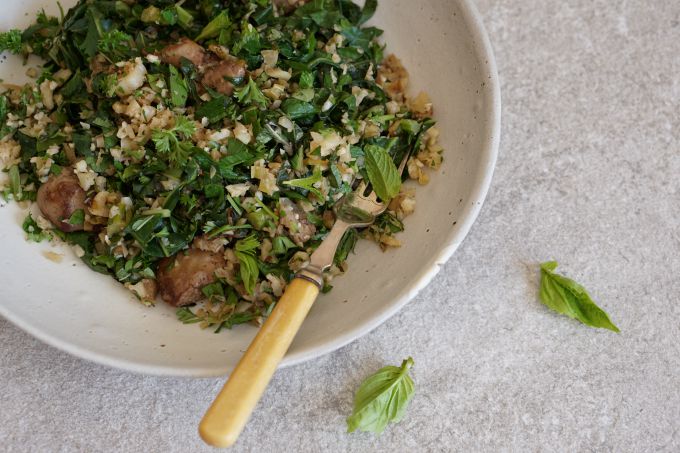 Saut+¬ed Chicken Livers with Riced Cauliflower, Collards and Herbs - lscape