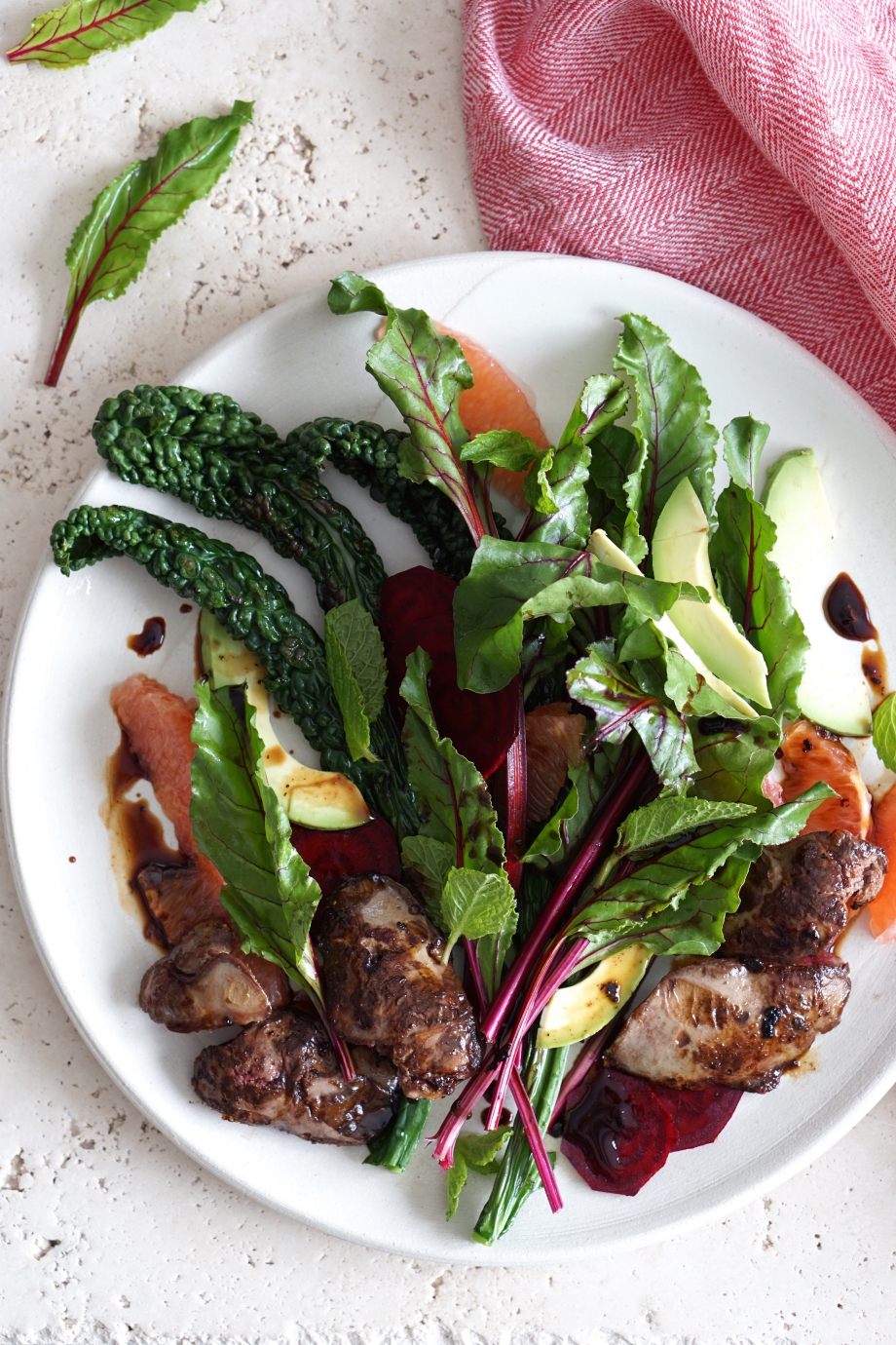 Warm Chicken Livers with Lacinato, Beet, Ruby Grapefruit and Balsamic