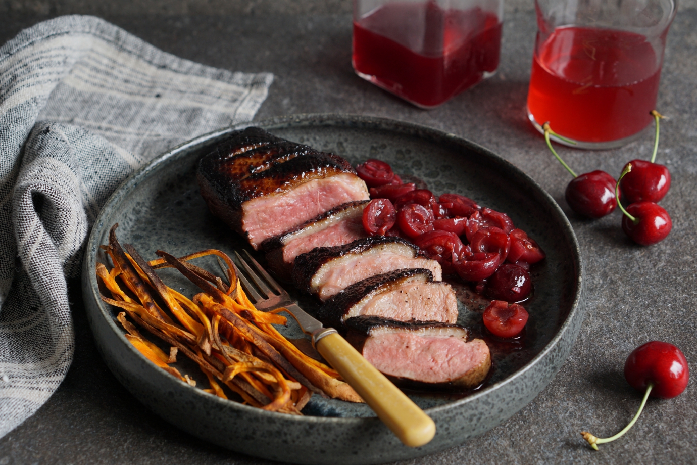 Pan-Fried Marinated Duck Breasts with Cinnamon-Spiced Cherries