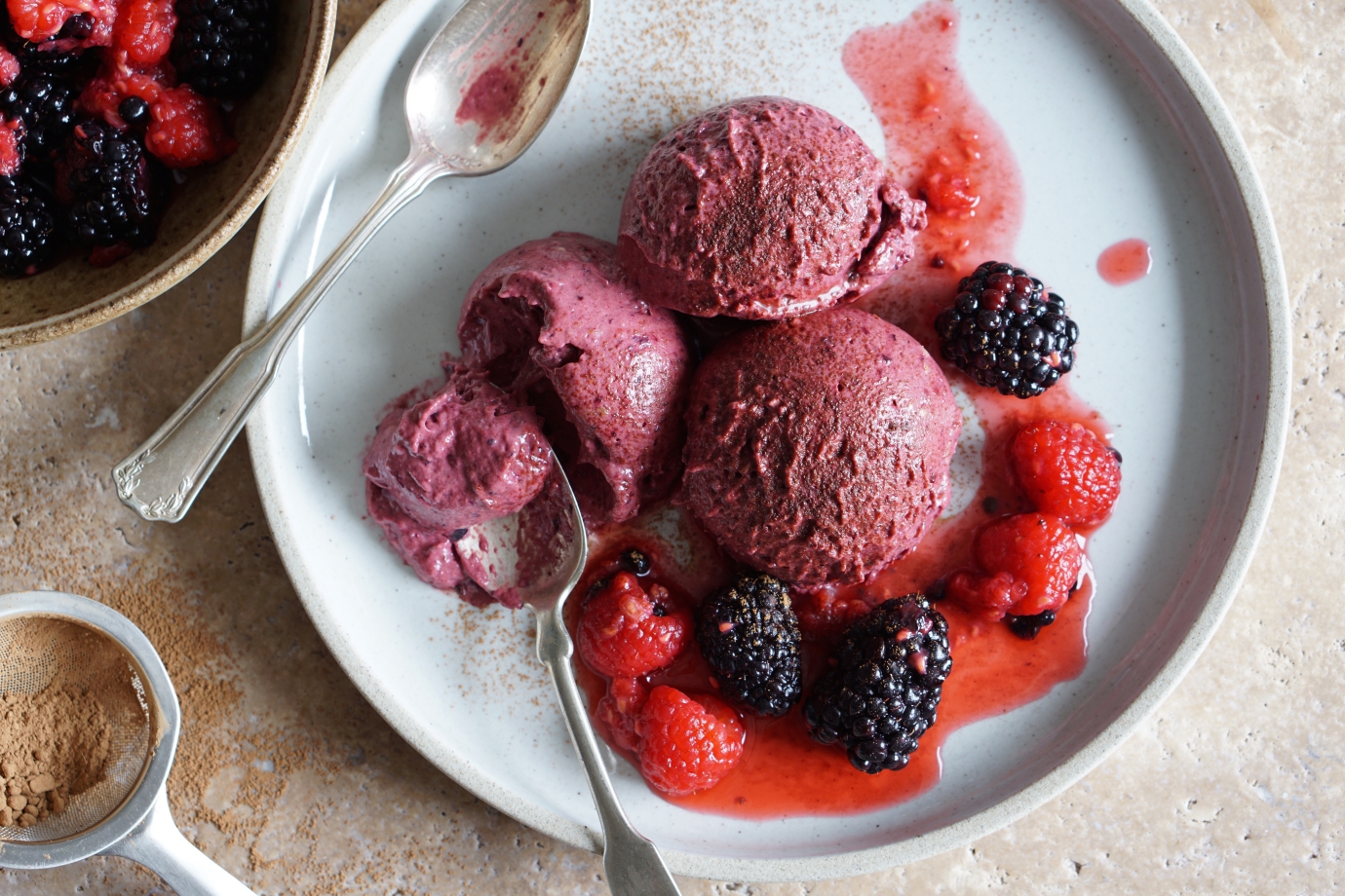 No Churn CarobBerry Mousse Ice Cream with Salted Crushed Berries
