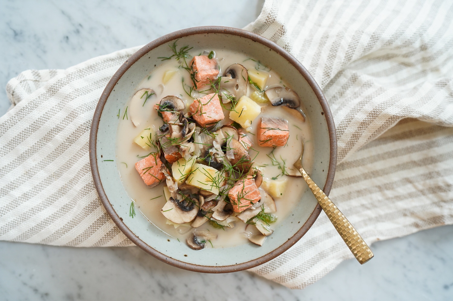 Salmon and Mushroom Chowder with Tarragon and Dill